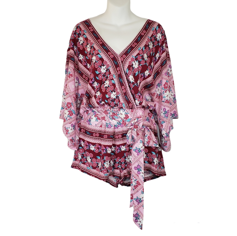 Lulu's Floral Boho Wide Sleeve Surplice Rayon Romper Pink Size Medium